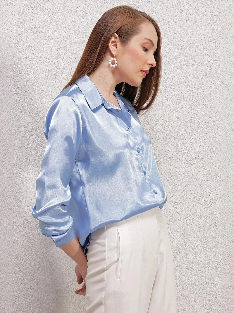 Big Dart Maya Blue BDART Satin Woven Button Shirt for Women | Best Price UAE