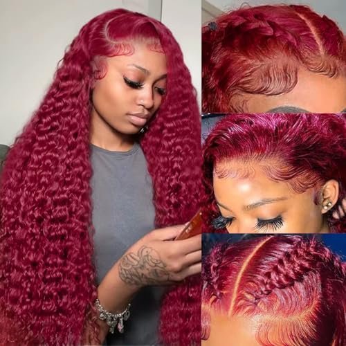 Bworto 30 Inch Burgundy Wig Human Hair 99j Burgundy 13x6 Deep Wave Lace Front Wigs Human Hair Pre Plucked HD Transparent Lace Frontal Wigs for Black Women Red Colored Wig - Image 2