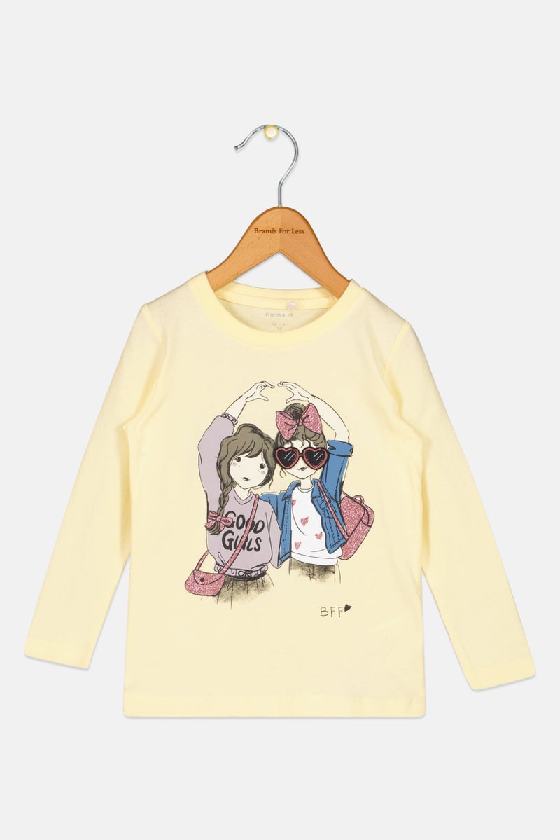 NAME IT Toddlers Girl Long Sleeves Graphic Print Top, Light Yellow - Image 1