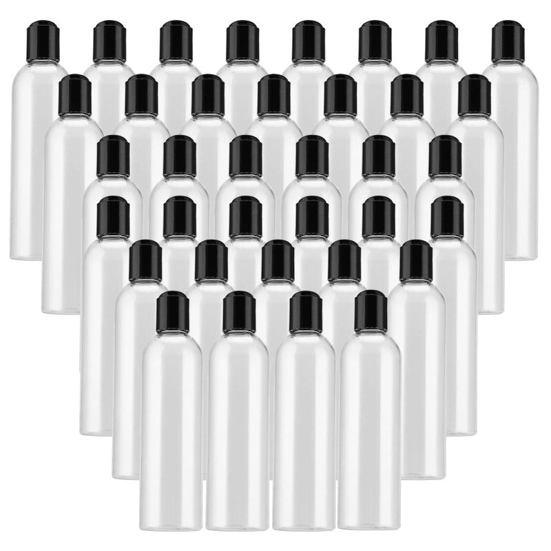 MUKLEI 40 Pack 8 Oz Plastic Bottles with Disc Top Caps, Refillable Clear Travel Squeeze Lotion Bottles Containers with Black Bulk Disc Cap for Shampoo, Body Wash, Creams, Soap - Image 1