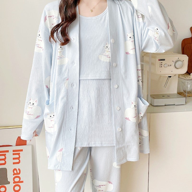 Moon clothing spring and autumn May 4 cotton gauze postpartum lactation three-piece set of thin pregnant women pajamas maternal breast-feeding 332 cat Blue "three piece] 