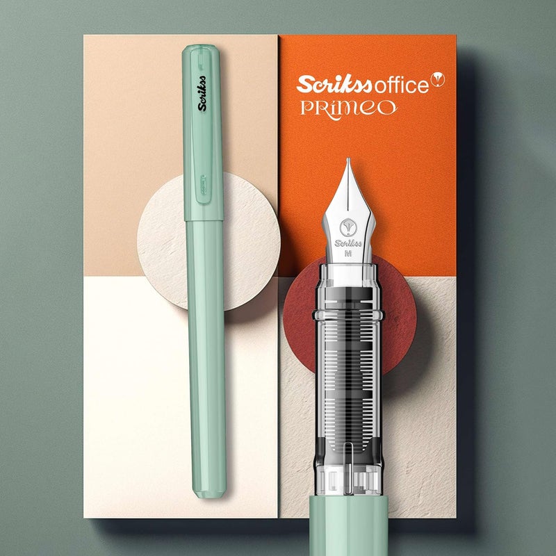 Scrikss Primeo Medium Nib Fountain Pen | 3 Cartridges Included | Stainless Steel Nib & ABS Body | Mint | in Blister Pack - Image 5
