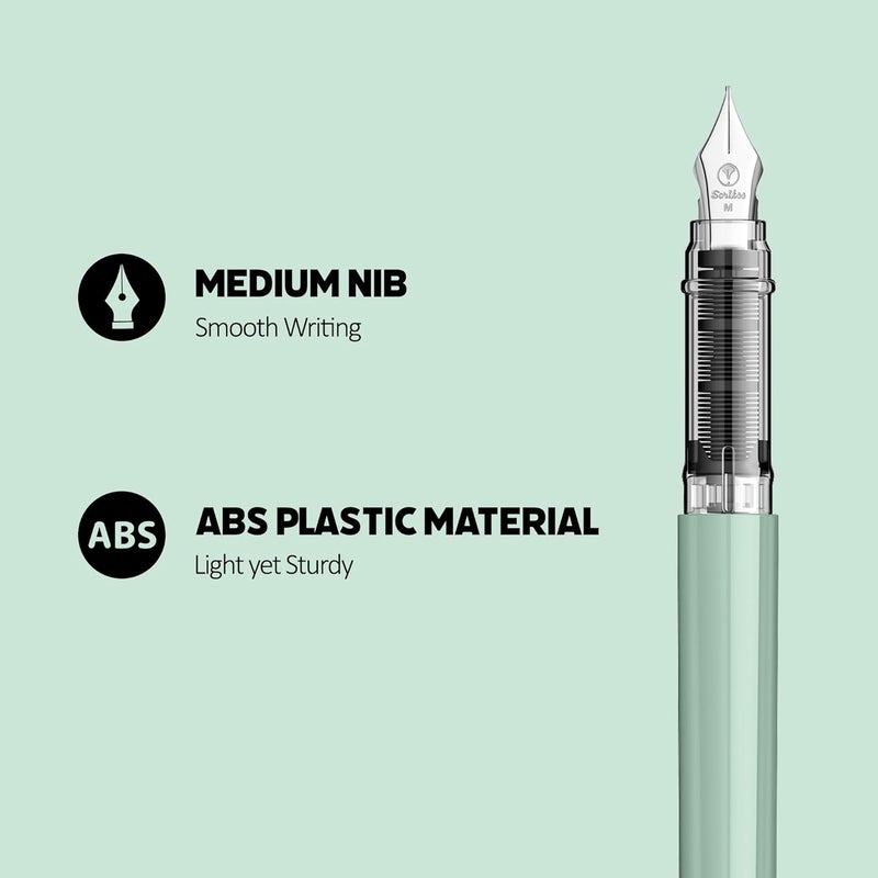 Scrikss Primeo Medium Nib Fountain Pen | 3 Cartridges Included | Stainless Steel Nib & ABS Body | Mint | in Blister Pack - Image 2