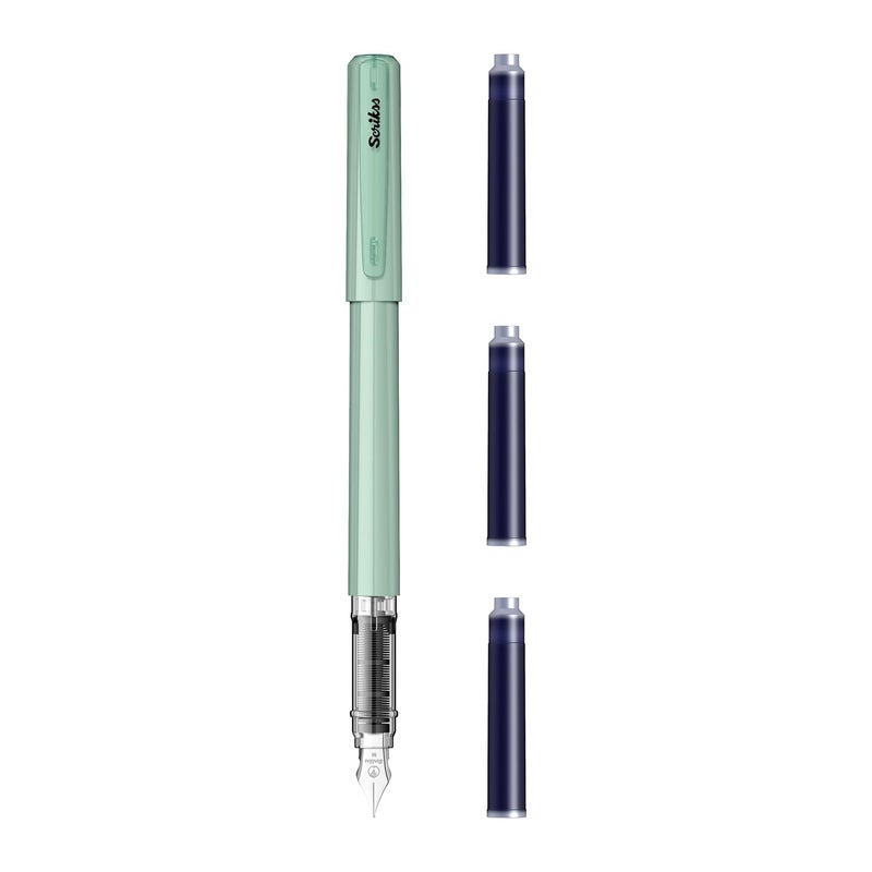 Scrikss Primeo Medium Nib Fountain Pen | 3 Cartridges Included | Stainless Steel Nib & ABS Body | Mint | in Blister Pack - Image 1