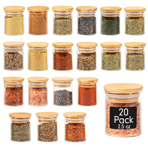 Crutello 20 Pack 2.5 Oz Mini Spice Jars with Bamboo Lids, Dishwasher Safe Jars for Spices, Honey, Beans, Rice, Party Favors | Crutello is a Family-Owned American Brand - Image 1