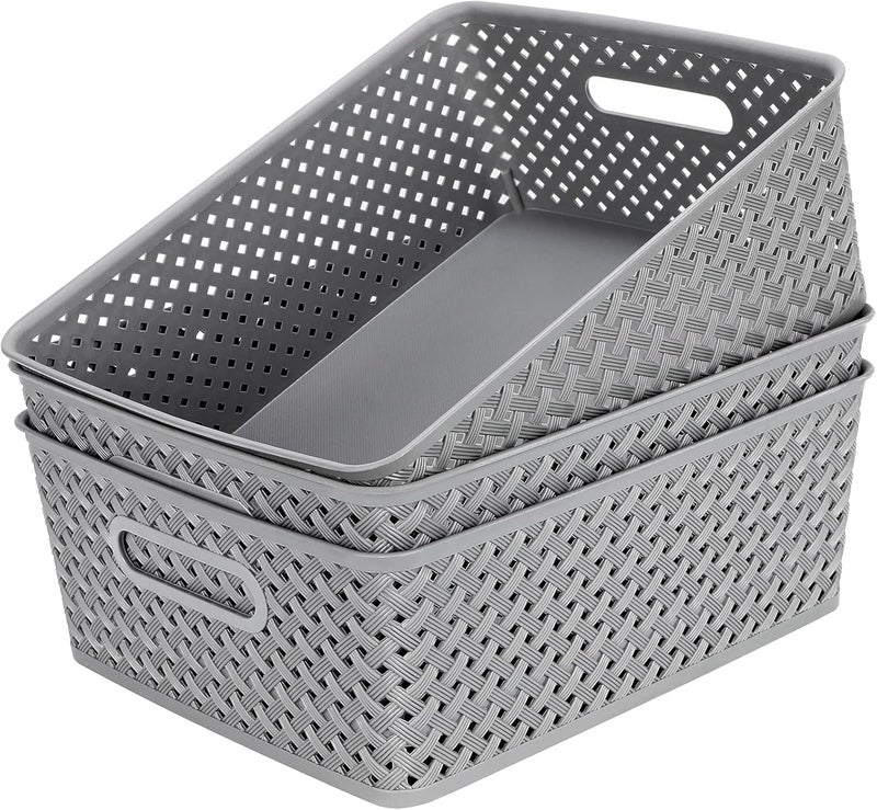 MaxGear Organization and Storage 3 Packs, Plastic Bins Organizer Bins, Woven Baskets for Storage, Plastic Baskets with Handles, Grey Basket for Organizing, Basket Organizer for Home and Office, Large - Image 1