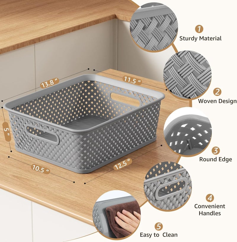 MaxGear Organization and Storage 3 Packs, Plastic Bins Organizer Bins, Woven Baskets for Storage, Plastic Baskets with Handles, Grey Basket for Organizing, Basket Organizer for Home and Office, Large - Image 2