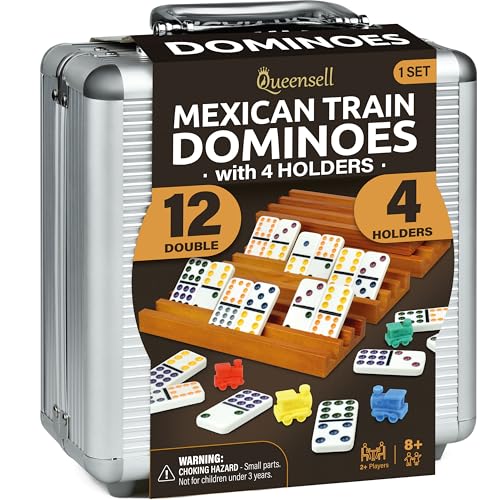 Queensell Mexican Train Dominoes Set with 4 Holders - Dominoes Double 12 with Wooden Hub and Tiles Holders - Double 12 Dominos Set for Family Game Night for Adults and Kids Ages 8 and up (D12 + 4 Holders) - Image 1