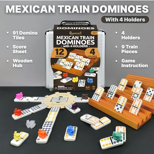 Queensell Mexican Train Dominoes Set with 4 Holders - Dominoes Double 12 with Wooden Hub and Tiles Holders - Double 12 Dominos Set for Family Game Night for Adults and Kids Ages 8 and up (D12 + 4 Holders) - Image 2