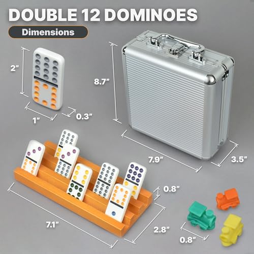 Queensell Mexican Train Dominoes Set with 4 Holders - Dominoes Double 12 with Wooden Hub and Tiles Holders - Double 12 Dominos Set for Family Game Night for Adults and Kids Ages 8 and up (D12 + 4 Holders) - Image 3
