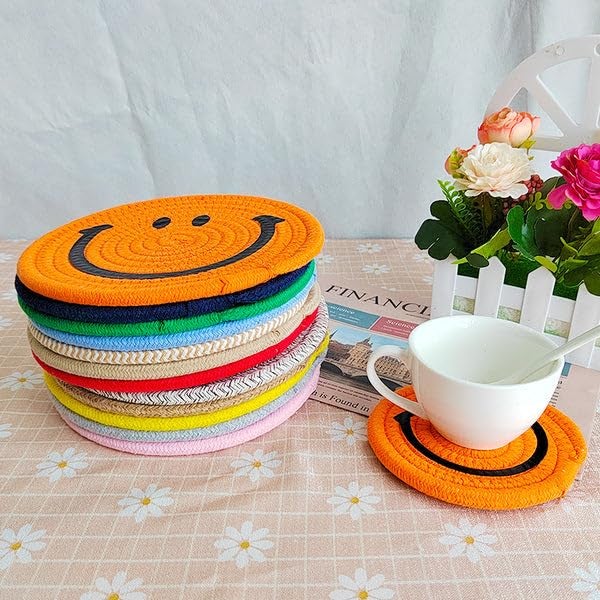 cleanex india Smiley Jute Tea Coasters – Eco-Friendly, Durable Drink Coasters for Glass Cups with Fun & Charming Design Round Reversible Jute Coaster (Pack of 1) - Image 4