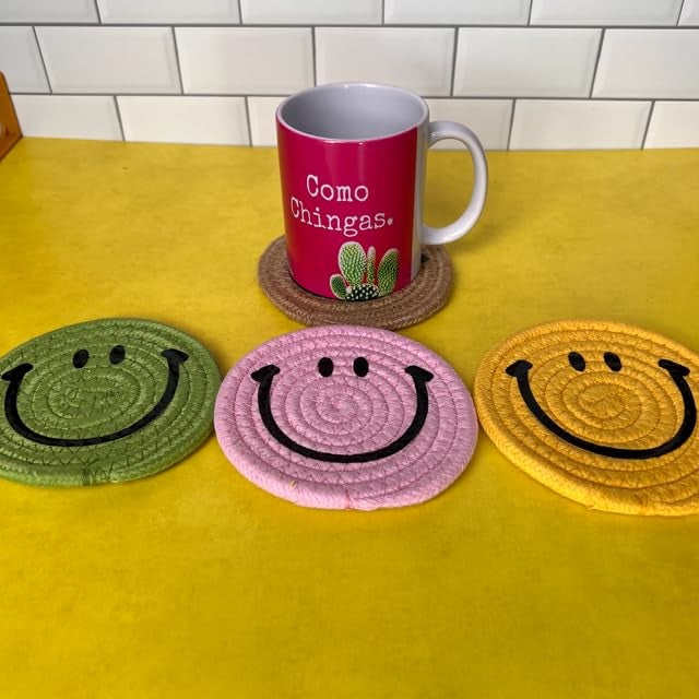 cleanex india Smiley Jute Tea Coasters – Eco-Friendly, Durable Drink Coasters for Glass Cups with Fun & Charming Design Round Reversible Jute Coaster (Pack of 1) - Image 3