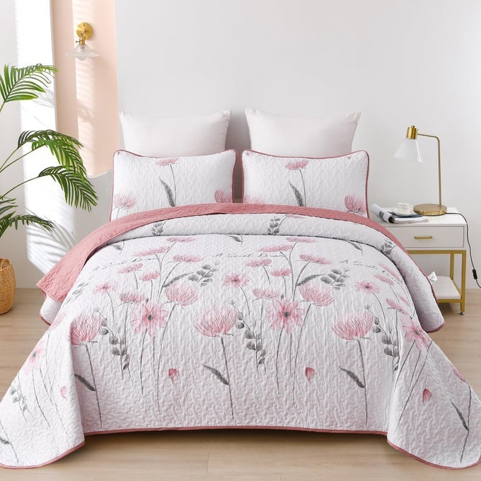 KING SIZE QUILT SET FLORAL3 PIECE PINKBLUSH FARMHOUSE BEDDING SET LIGHTWEIGHT FLOWER BEDSPREADS WHITE COVERLET BED SETS CUTE FALL QUILTS FOR ALL SEASON110X90