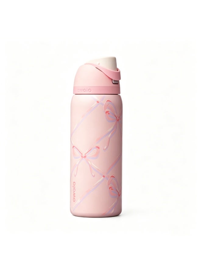 Owolo Cute Pink Bow Print Insulated Water Bottle 24oz, 304 Stainless Steel Leak Proof Flip Spout Travel Tumbler, Reusable Vacuum Thermos for Gym, Office, Beach, Picnic, School & Daily Outdoor Use - Image 1