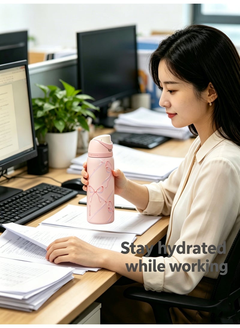 Owolo Cute Pink Bow Print Insulated Water Bottle 24oz, 304 Stainless Steel Leak Proof Flip Spout Travel Tumbler, Reusable Vacuum Thermos for Gym, Office, Beach, Picnic, School & Daily Outdoor Use - Image 3