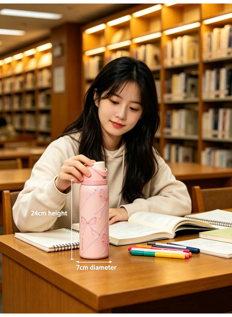 Owolo Cute Pink Bow Print Insulated Water Bottle 24oz, 304 Stainless Steel Leak Proof Flip Spout Travel Tumbler, Reusable Vacuum Thermos for Gym, Office, Beach, Picnic, School & Daily Outdoor Use - Image 4