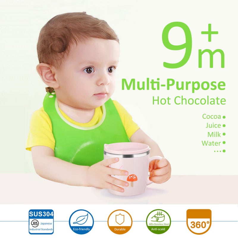 Valueder Kids Baby Toddler Cups Mug Sippy Learning Trainer Cup for Milk Coffee Hot Chocolate Stainless Steel Trainer Straw Cup with Lid, Rabbit, 7oz/Peacock pink - Image 2