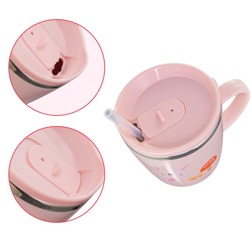 Valueder Kids Baby Toddler Cups Mug Sippy Learning Trainer Cup for Milk Coffee Hot Chocolate Stainless Steel Trainer Straw Cup with Lid, Rabbit, 7oz/Peacock pink - Image 3