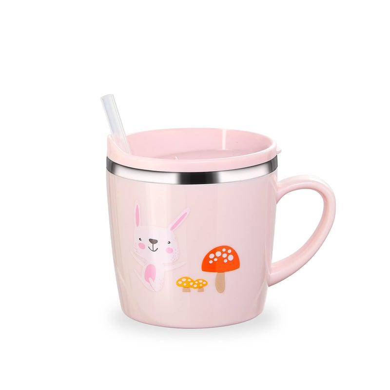 Valueder Kids Baby Toddler Cups Mug Sippy Learning Trainer Cup for Milk Coffee Hot Chocolate Stainless Steel Trainer Straw Cup with Lid, Rabbit, 7oz/Peacock pink - Image 1