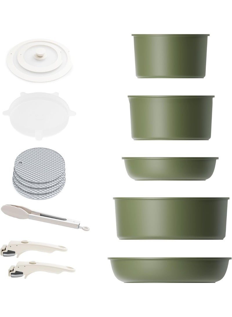 طقم أواني طبخ غير لاصقة قابلة للفصل من Caannasweis - أواني ومقالي حثية قابلة للتكديس بمقابض قابلة للإزالة، آمنة لغسلها في غسالة الصحون - للتخييم في عربة سكن متنقلة، استخدام الفرن والموقد، 15 قطعة. - Image 1