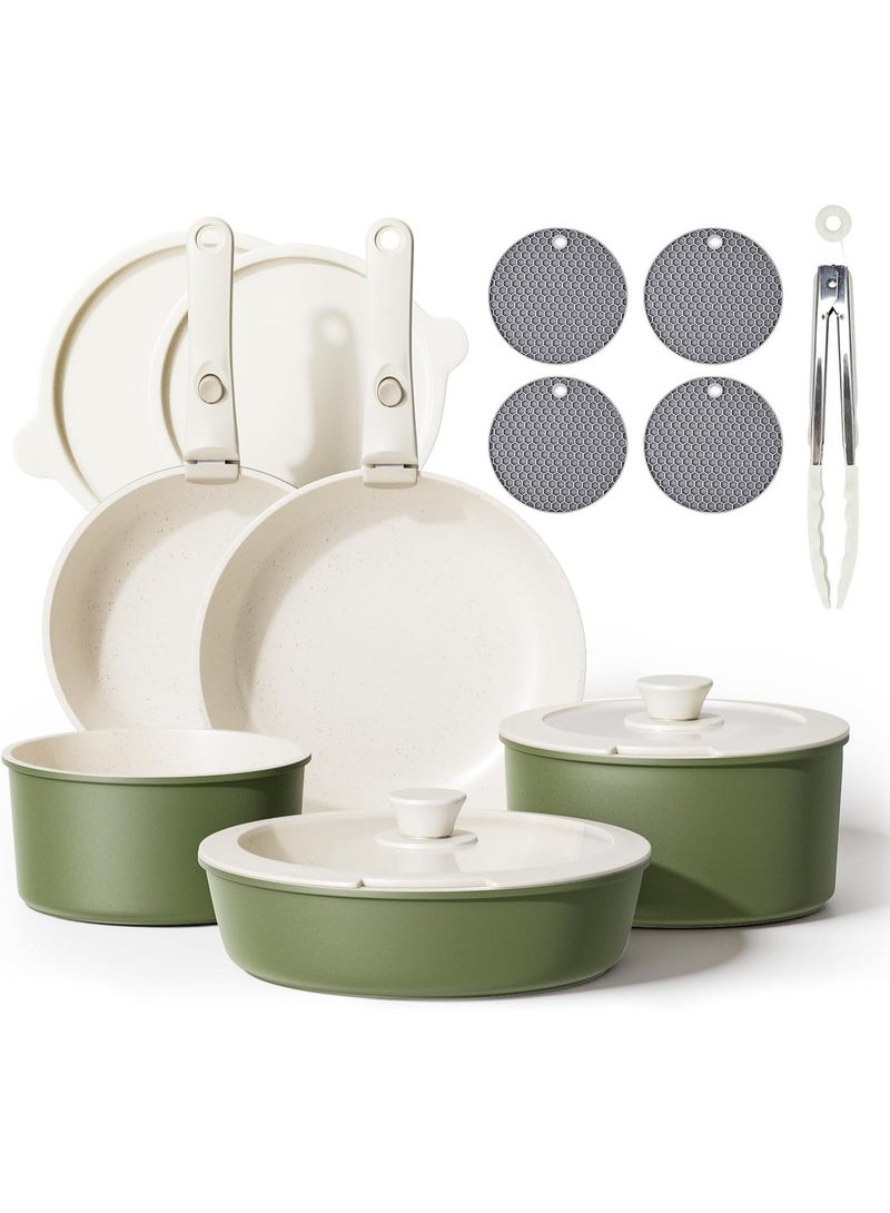 Detachable Nonstick Cookware Set - Stackable Induction Pots and Pans With Removable Handles, Dishwasher Safe - For RV Camping, Oven and Stovetop Use, 15 Pieces (Green) - Image 1