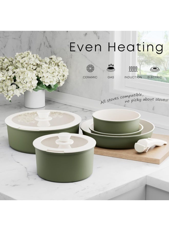 Detachable Nonstick Cookware Set - Stackable Induction Pots and Pans With Removable Handles, Dishwasher Safe - For RV Camping, Oven and Stovetop Use, 15 Pieces (Green) - Image 5