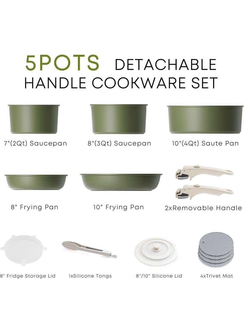 Detachable Nonstick Cookware Set - Stackable Induction Pots and Pans With Removable Handles, Dishwasher Safe - For RV Camping, Oven and Stovetop Use, 15 Pieces (Green) - Image 2