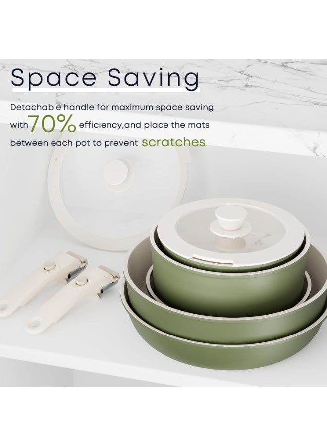 Detachable Nonstick Cookware Set - Stackable Induction Pots and Pans With Removable Handles, Dishwasher Safe - For RV Camping, Oven and Stovetop Use, 15 Pieces (Green) - Image 3