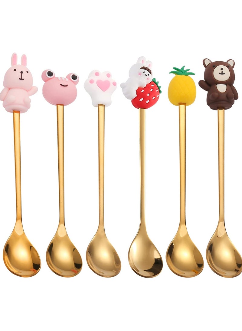 Selens A set of 6 gold-colored metal tea spoons with silicone cartoon people at the top for adults and children, home, work, and travel - Image 1
