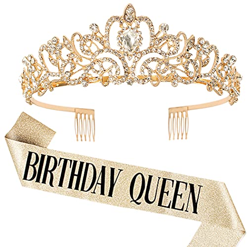 COCIDE Birthday Queen Sash & Rhinestone Tiara Set Gold Happy Birthday Crowns for Women Party Decoration Kit Rhinestone Headband for Women Glitter Crystal Hair Accessories for Cake Topper - Image 1