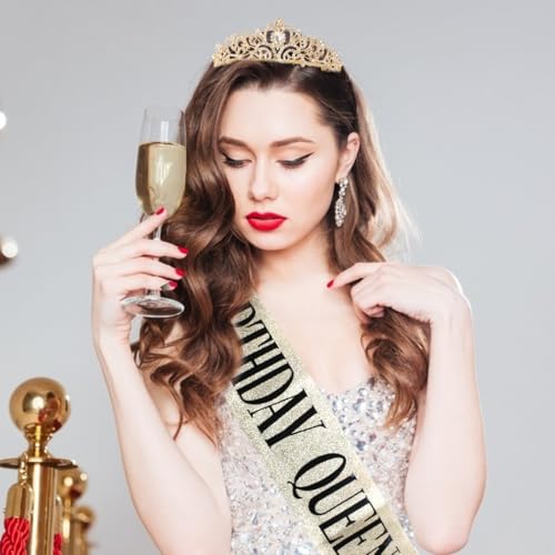 COCIDE Birthday Queen Sash & Rhinestone Tiara Set Gold Happy Birthday Crowns for Women Party Decoration Kit Rhinestone Headband for Women Glitter Crystal Hair Accessories for Cake Topper - Image 4