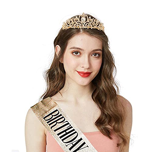 COCIDE Birthday Queen Sash & Rhinestone Tiara Set Gold Happy Birthday Crowns for Women Party Decoration Kit Rhinestone Headband for Women Glitter Crystal Hair Accessories for Cake Topper - Image 2