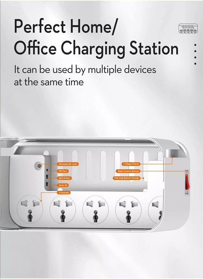 LDNIO - 3-in-1 USB-C Power Extension Cord with 15W Wireless Charger and Cable Management Box 5 Universal Outlets 20W USB-C PP 2 USB-A QC3.0 18W 2M Cable Power Strip Elegant Organizer Box (3 in 1) - Image 1