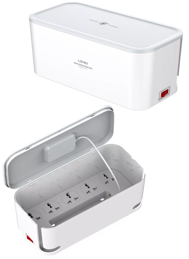 LDNIO - 3-in-1 USB-C Power Extension Cord with 15W Wireless Charger and Cable Management Box 5 Universal Outlets 20W USB-C PP 2 USB-A QC3.0 18W 2M Cable Power Strip Elegant Organizer Box (3 in 1) - Image 1