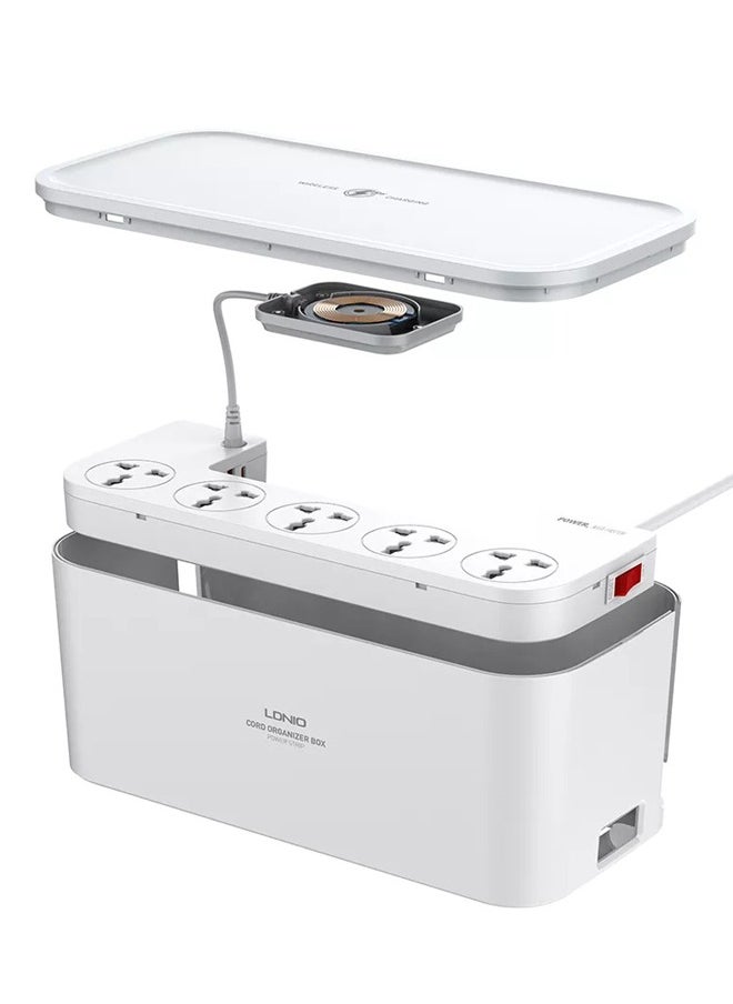 LDNIO - 3-in-1 USB-C Power Extension Cord with 15W Wireless Charger and Cable Management Box 5 Universal Outlets 20W USB-C PP 2 USB-A QC3.0 18W 2M Cable Power Strip Elegant Organizer Box (3 in 1) - Image 1