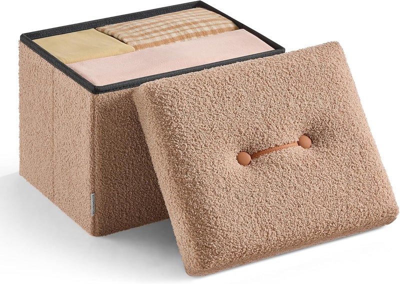 SONGMICS Small Folding Storage Ottoman, Foot Rest Stool, 12.2 x 16.1 x 12.2 Inches, Ottoman with Storage, Load up to 286 lb, for Living Room, Bedroom, Dorm, Camel Brown - Image 1