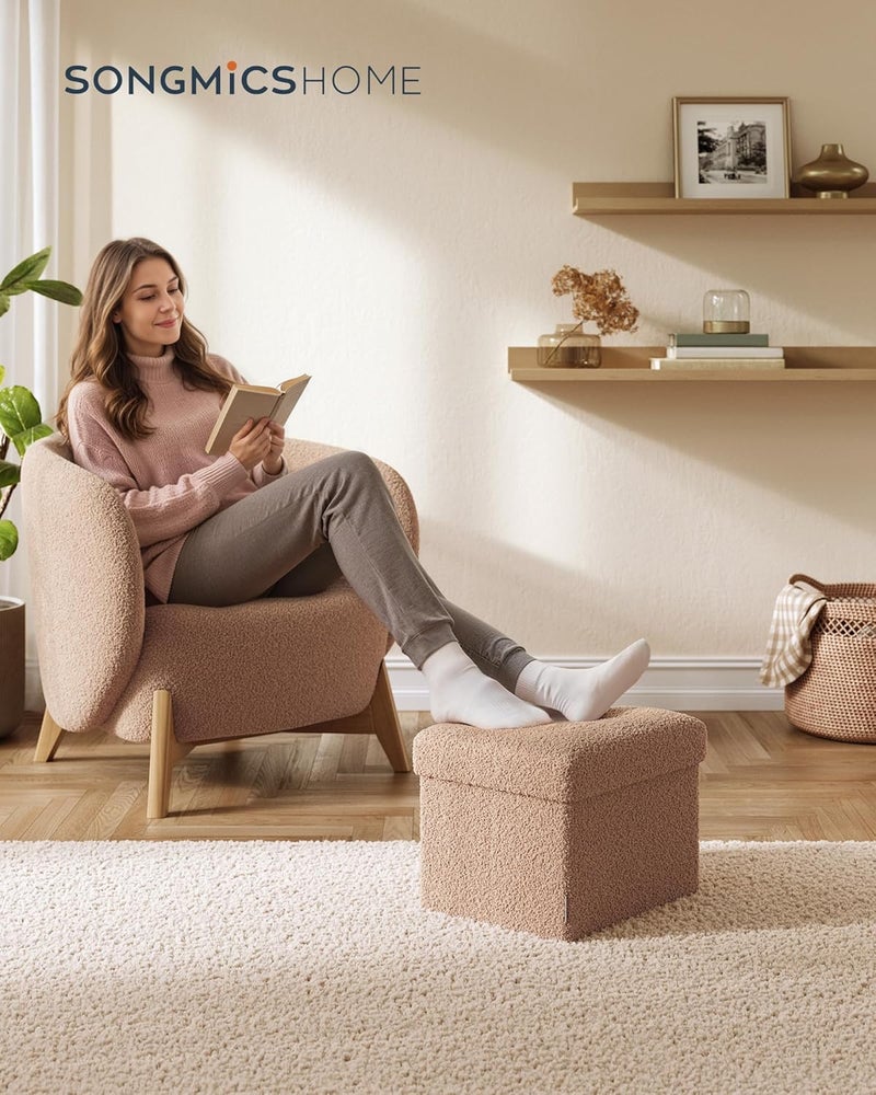 SONGMICS Small Folding Storage Ottoman, Foot Rest Stool, 12.2 x 16.1 x 12.2 Inches, Ottoman with Storage, Load up to 286 lb, for Living Room, Bedroom, Dorm, Camel Brown - Image 2