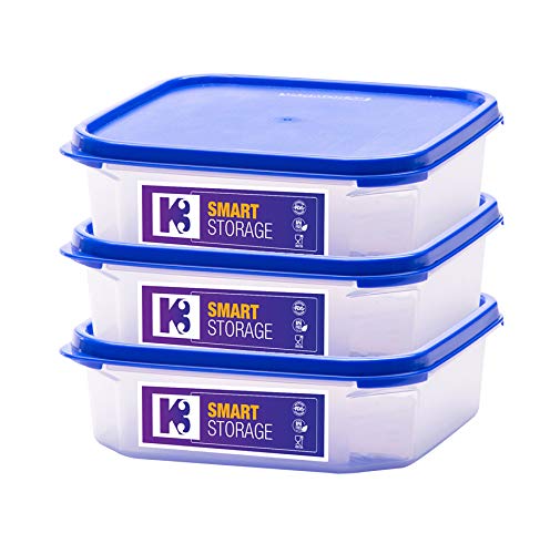 K3 Magnum Square Smart Storage Plastic Container -Blue (1.3 LTR (Pack of 3)) - Image 1