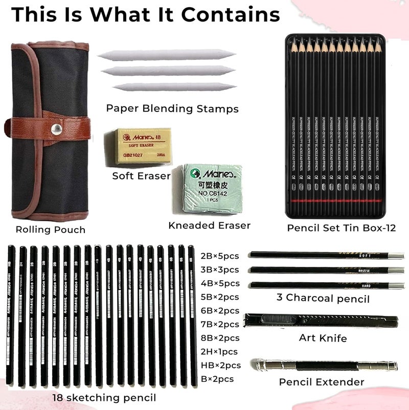 DaKos 41 pcs. Professional Sketching Set for Artists, Drawing Tool Kit for Beginners, Complete Sketching Pencil Set for Kids with Easy Carry Canvas Rolling Pouch & Storage Box - Image 2