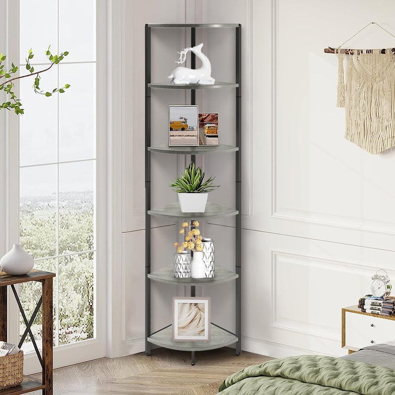 6 Tier Corner Shelf 631 Tall Ladder Corner Storage Shelf Rack Industrial Standing Shelf Organizer Display Rack with Rustic Bookshelf Bookcase Plant Stand for Living Room Bedroom Greige CS001GR