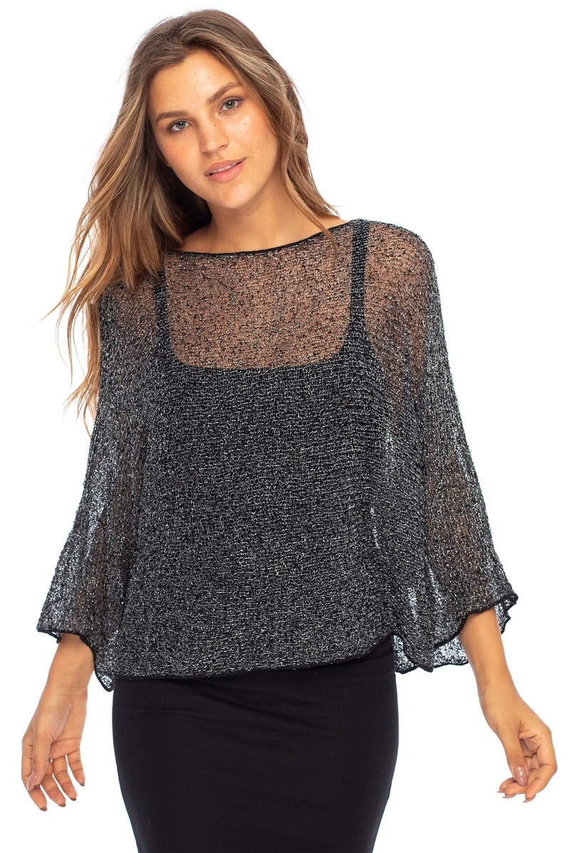 Back From Bali Womens Sheer Shrug Dressy Poncho Top Metallic Black Silver Lightweight Mesh Knit Sweater Dolman Sleeves - Image 1