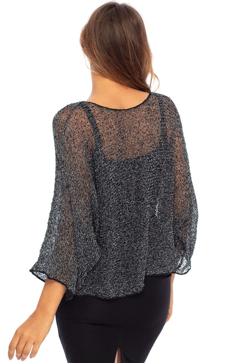 Back From Bali Womens Sheer Shrug Dressy Poncho Top Metallic Black Silver Lightweight Mesh Knit Sweater Dolman Sleeves - Image 2