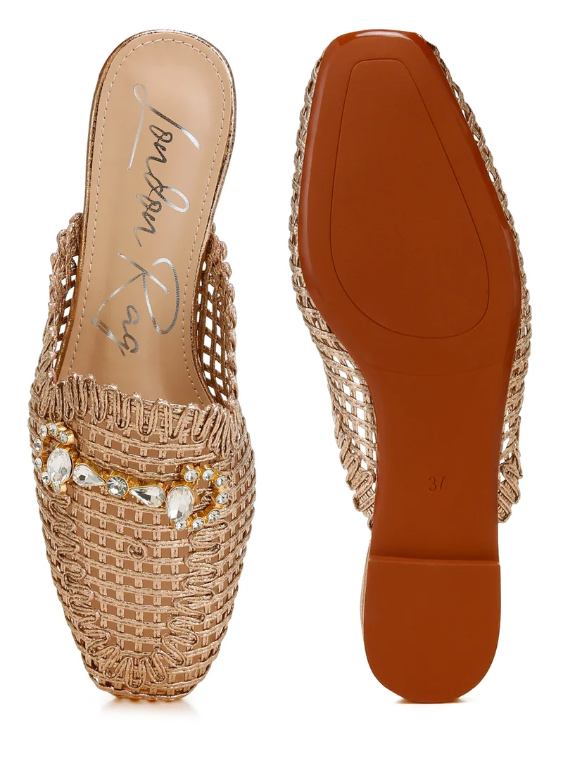 London Rag Metallic Woven Diamante Mules in Rose Gold
