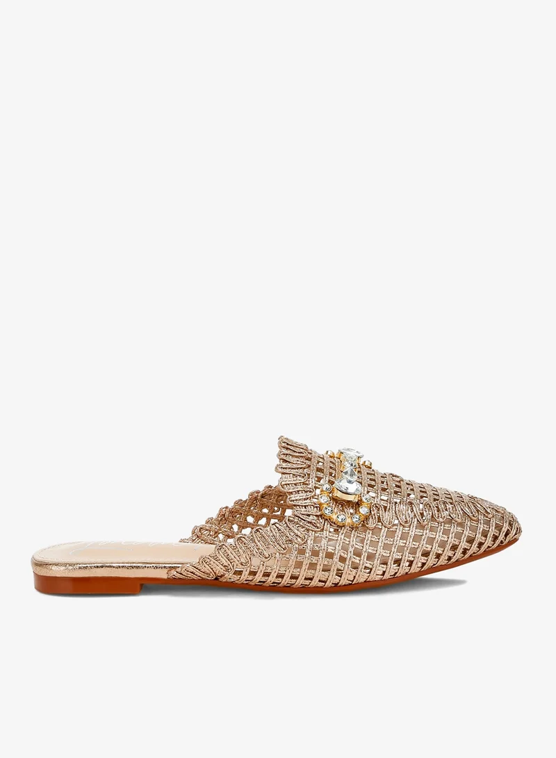 Metallic Woven Diamante Mules in Rose Gold