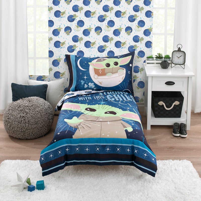 NoJo Star Wars The Child Little Bounty Blue Green and White Grogu The Force is Strong with This Child 4 Piece Toddler Bed Set Comforter Fitted Bottom Sheet Flat Top Sheet and Reversible Pillowcase