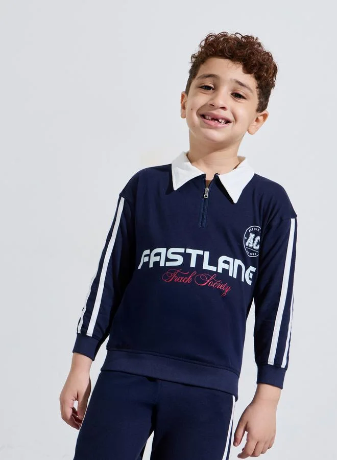 Styli Boys Navy Blue Graphic Print Regular Fit Polo Collar Sweatshirt and Joggers Set