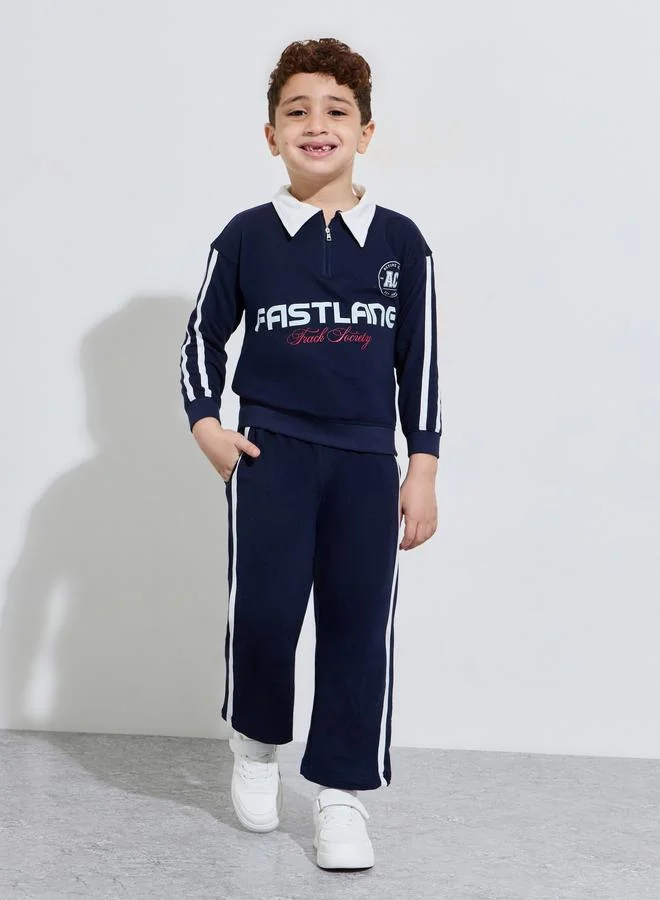 Styli Boys Navy Blue Graphic Print Regular Fit Polo Collar Sweatshirt and Joggers Set