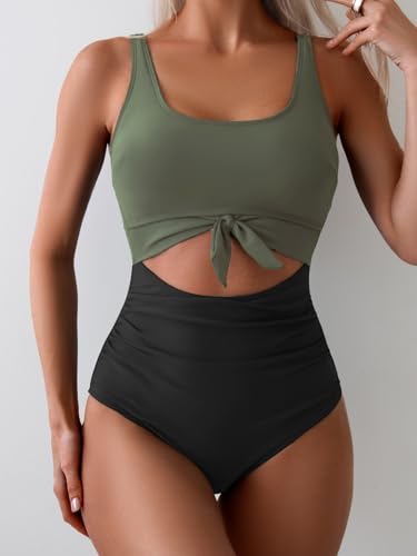 Eomenie Women's One Piece Swimsuit Tummy Control Slimming Bathing Suit Cutout Tie Knot Swimwear Army Green, Black - Image 4