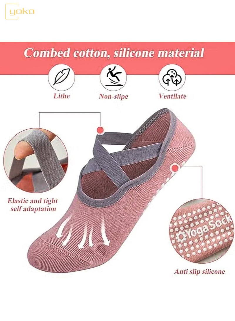 يوكا 4 أزواج من جوارب البيلاتيس للنساء، جوارب رياضية لليوجا غير قابلة للانزلاق لمستشفى باري الباليه حافي القدمين - Image 3