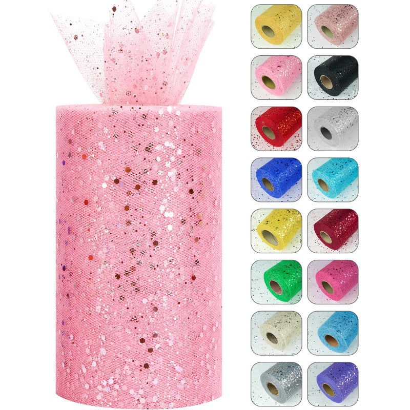 Glitter Tulle Rolls 6 by 50 Yards 150FT Sparkling Tulle Spool Ribbon Sequin Tulle Netting Fabric for Tutu Skirt Wedding Birthday Baby Shower Pink